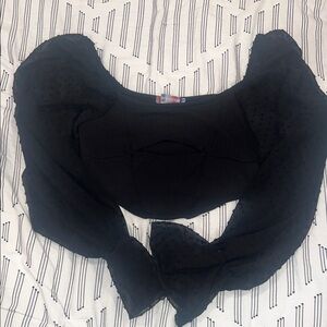 UO Black Sheer Polka Dot Puff Sleeve Ribbed Cutout Corse Crop Top